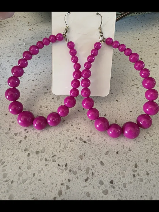 Bold Magenta Beaded Hoop Earrings - Women Jewelry - Picture 3 of 3